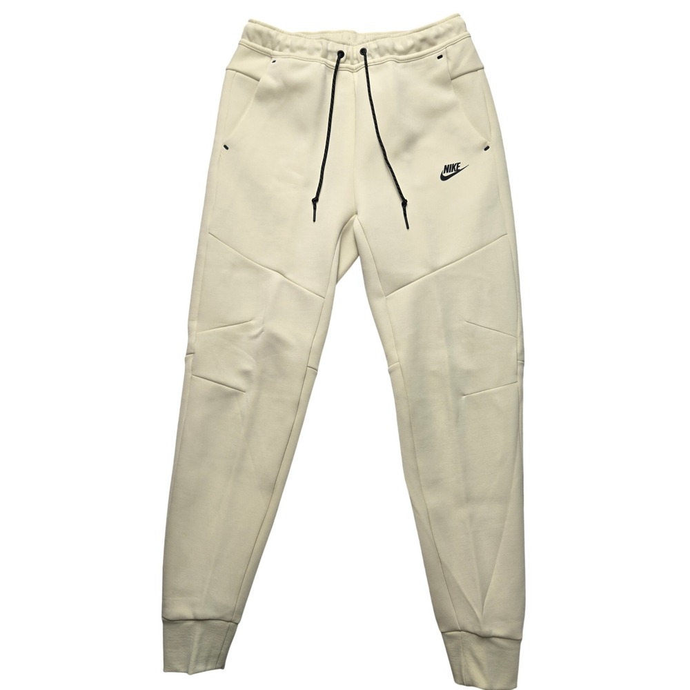 Nike Tech Mens Medium Fleece Joggers Cream Beige Slim Fit Tapered Pants Neutral